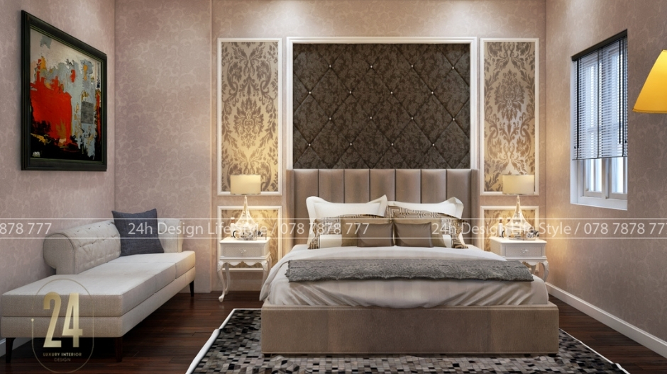 thiết kế nội thất phòng ngủ phong cách tân cổ điển với gam màu trung tính, nhẹ nhàng