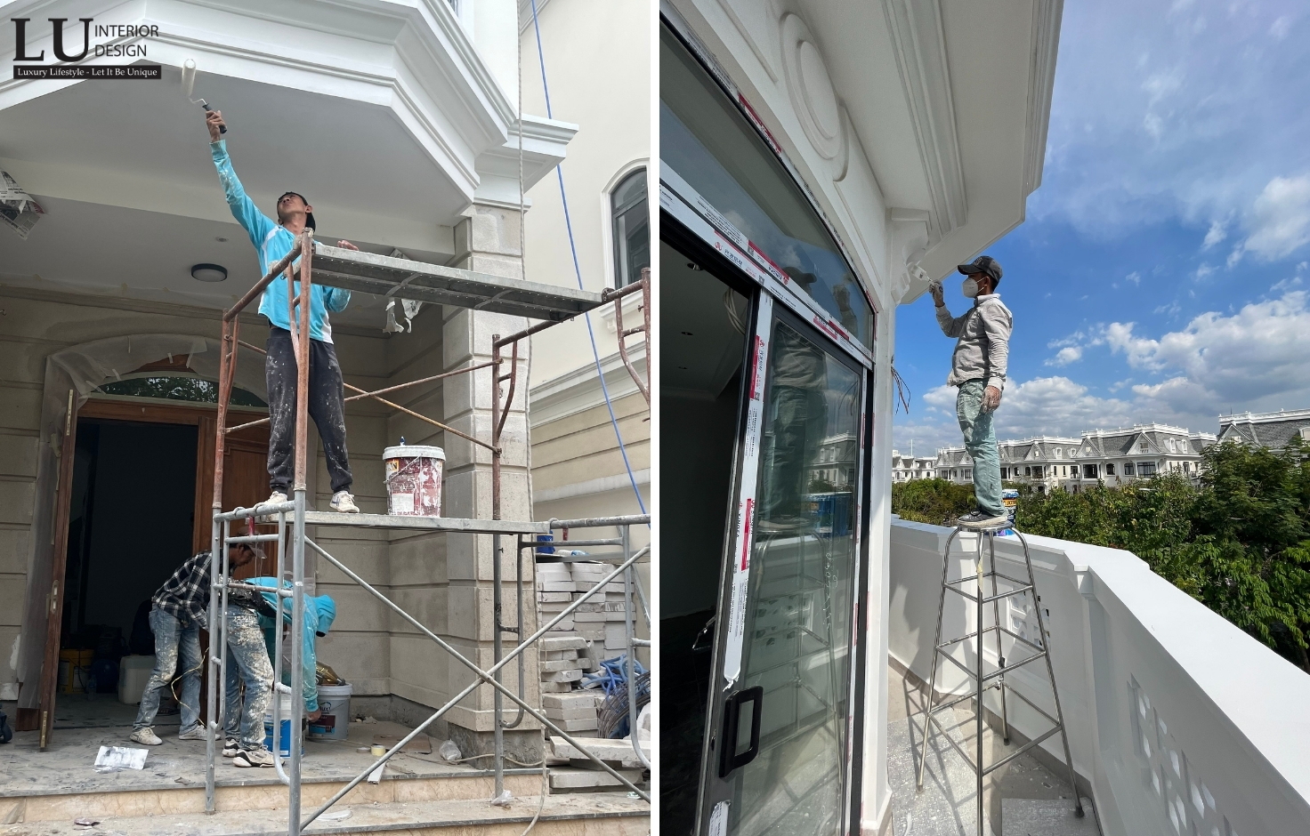Đội thi công LU Design hoàn thiện sơn tường bên ngoài biệt thự