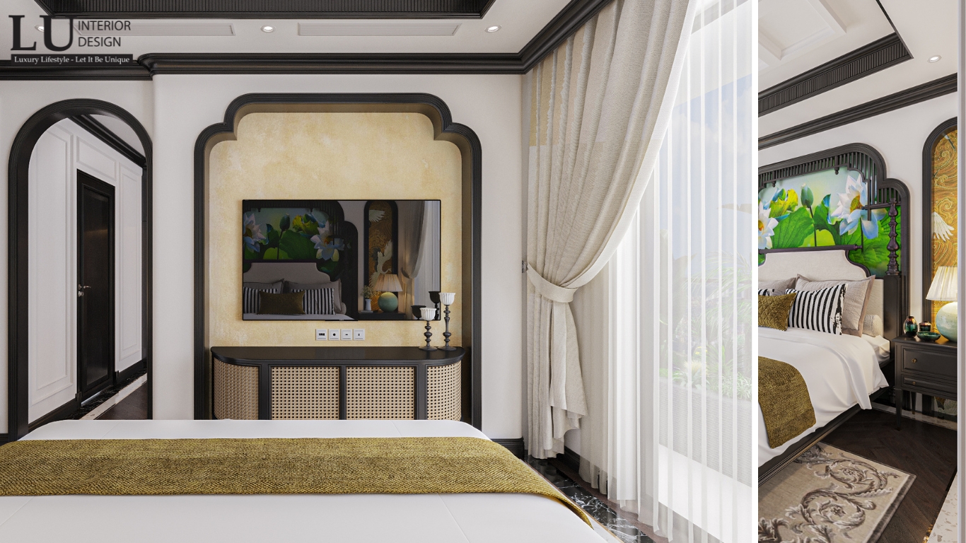 Thiết kế phòng ngủ master với tủ kệ cao cấp, tranh tường hoa sen và các chi tiết trang trí tinh tế trong căn hộ RiverPark Premier
