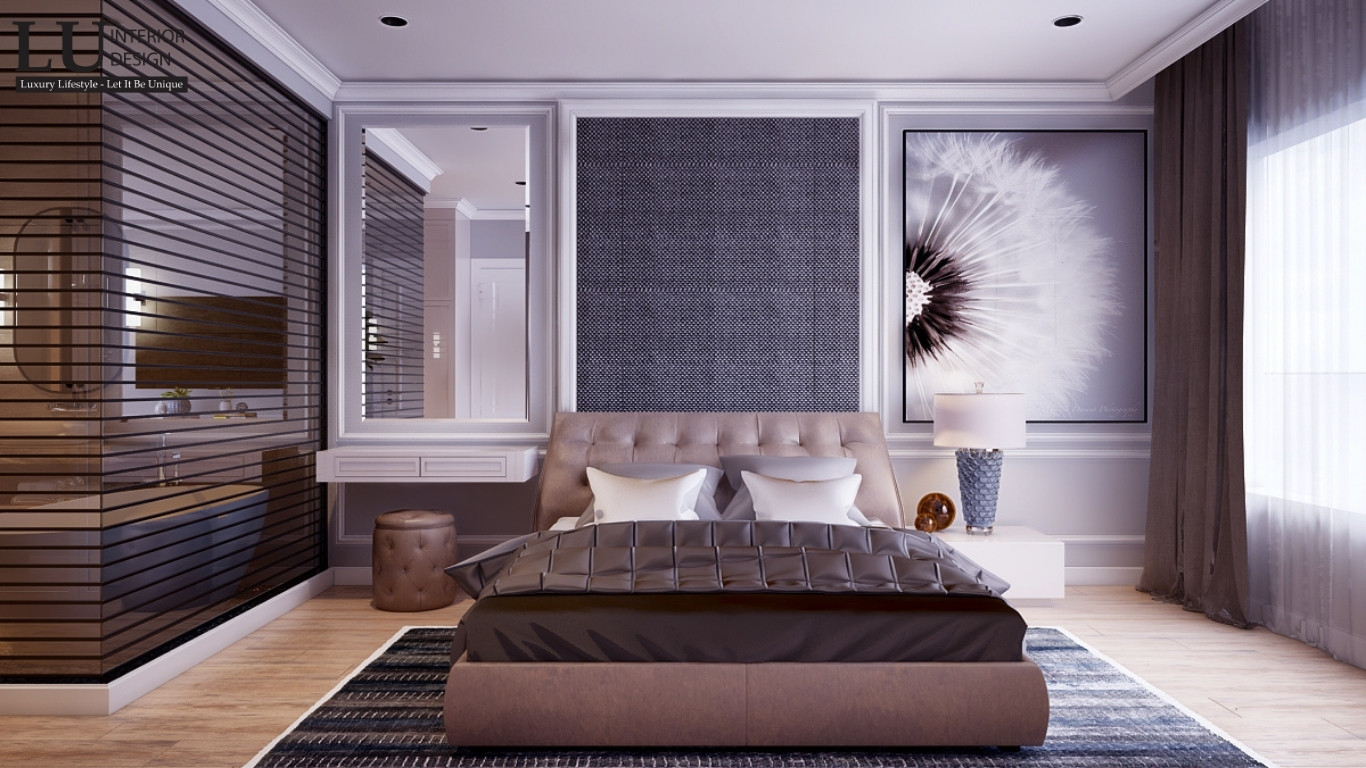 Giường ngủ lớn bọc nệm cao cấp, kết hợp táp đầu giường và hệ tủ trang trí tinh tế