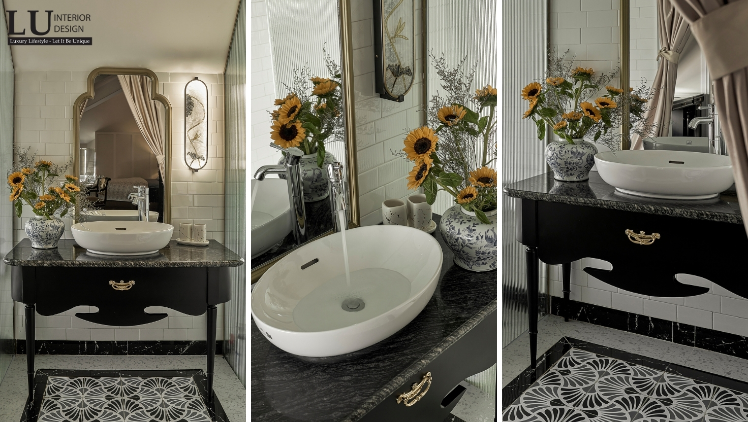 Không gian lavabo biệt thự cao cấp với vật liệu đá tự nhiên và nội thất gỗ tinh tế