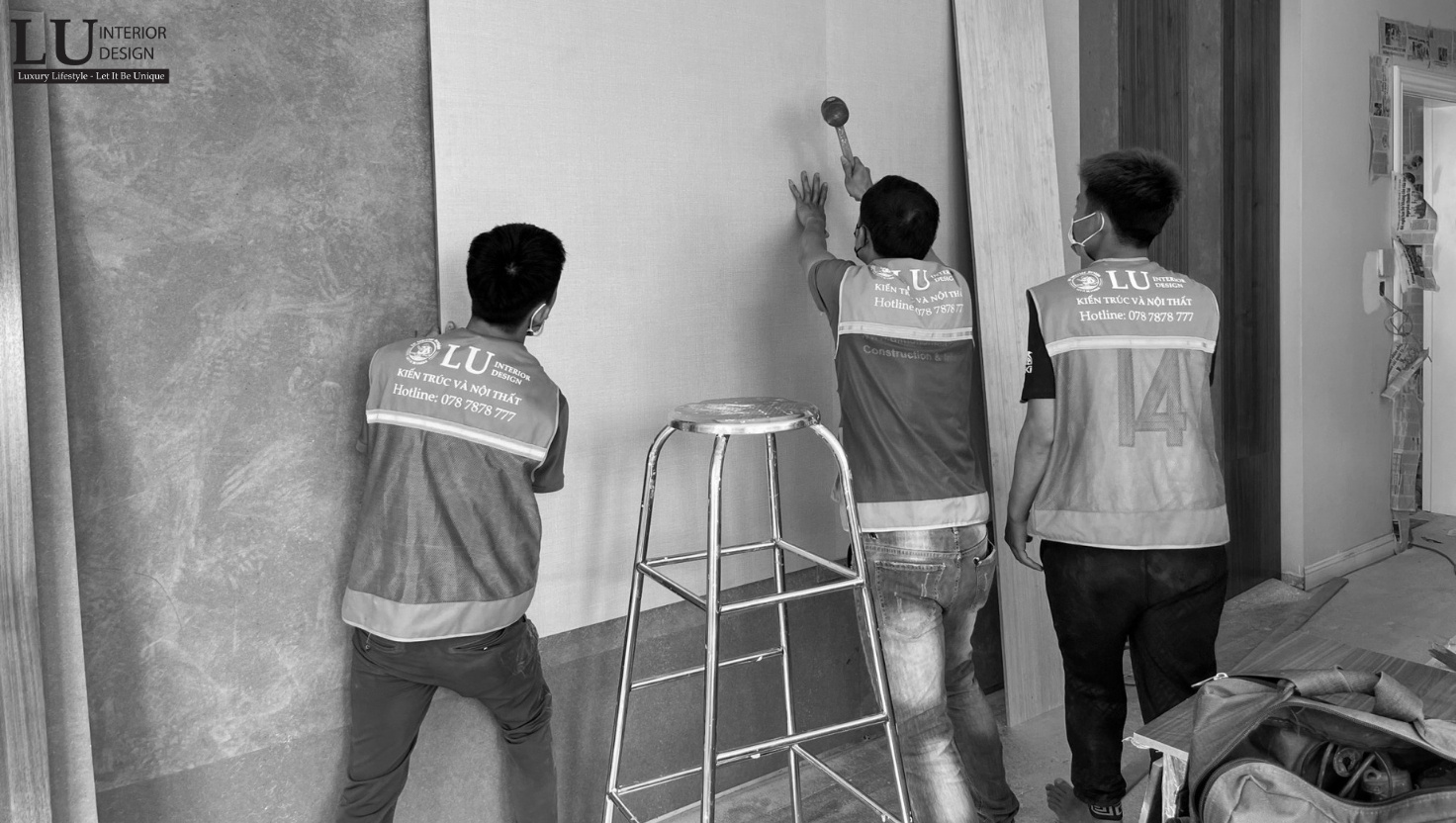 Thi công nội thất căn hộ cao cấp của LU Design, đội ngũ công nhân thi công công trình và giám sát chất lượng trong quá trình thi công.