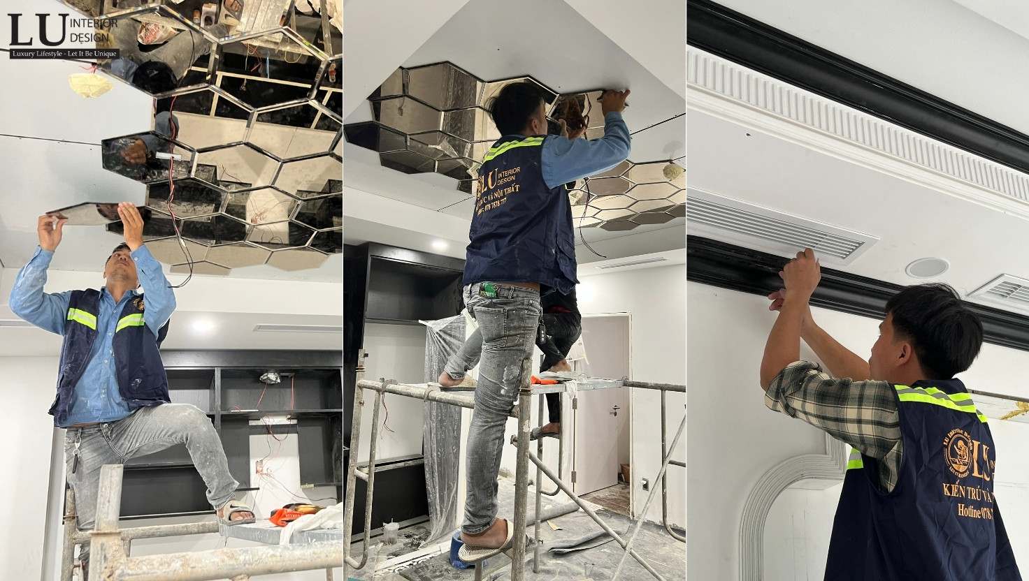 Đội ngũ thi công lắp đặt trần và các chi tiết nội thất phức tạp, đảm bảo chất lượng và tiến độ