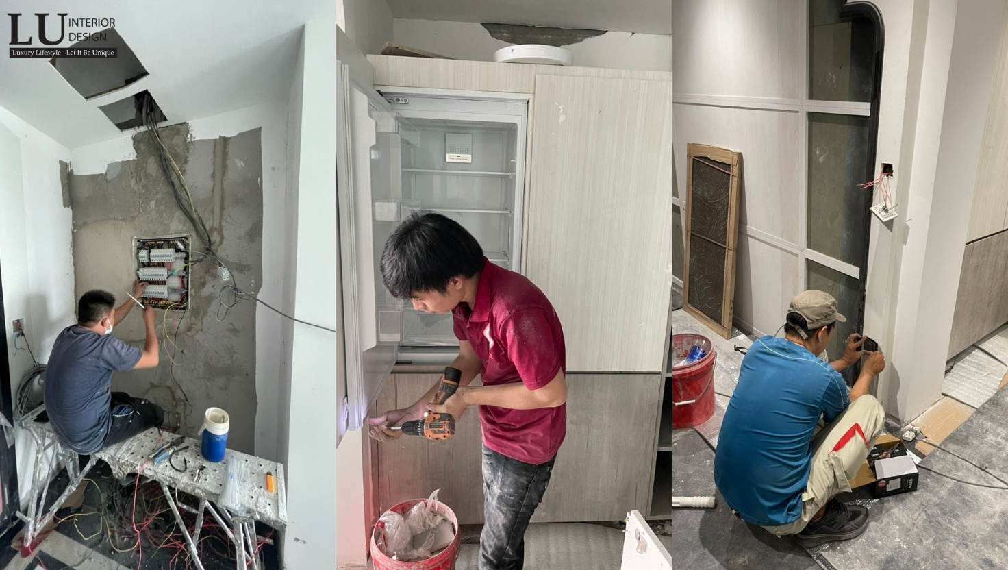 Đội ngũ thợ thi công của LU Design đang thực hiện các công đoạn lắp đặt nội thất căn hộ, từ việc khoan tường, lắp đặt kệ cho đến hoàn thiện các chi tiết kỹ thuật, đảm bảo chất lượng và tiến độ công trình.