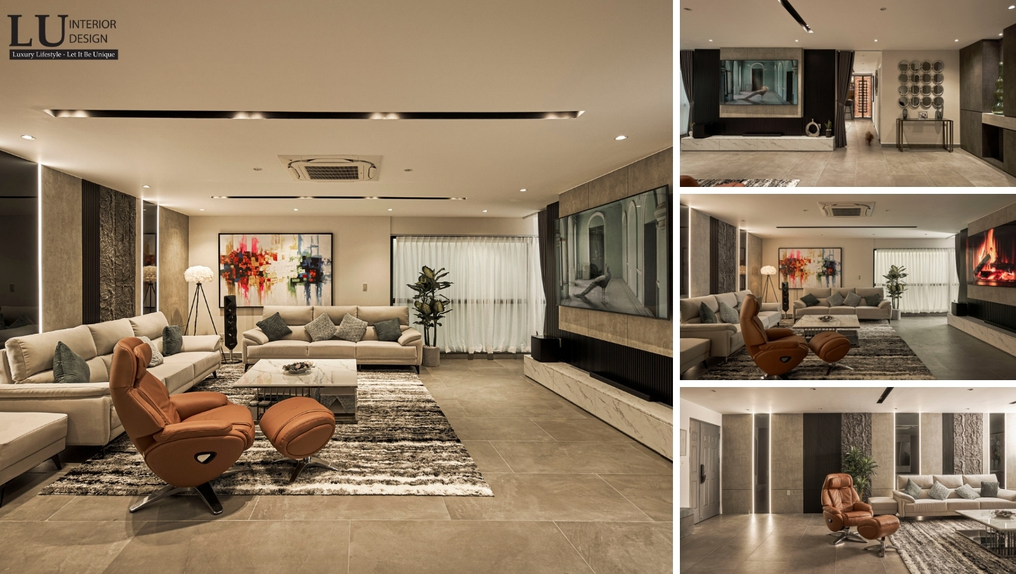 Thi công nội thất Penthouse sang trọng, phòng khách rộng rãi với thiết kế hiện đại, sử dụng vật liệu cao cấp và chi tiết trang trí tinh tế