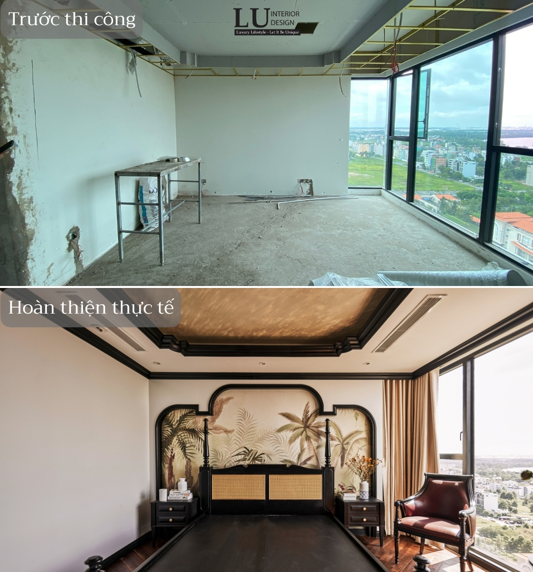 Thi công nội thất phòng ngủ trong căn hộ Feliz En Vista phong cách Indochine độc đáo bởi LU Design
