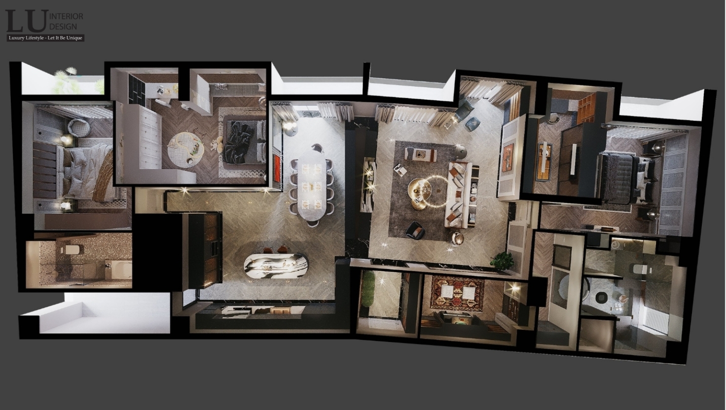 Bản vẽ layout 3D thiết kế nội thất căn hộ cao cấp do LU Design thực hiện, tối ưu công năng và thẩm mỹ