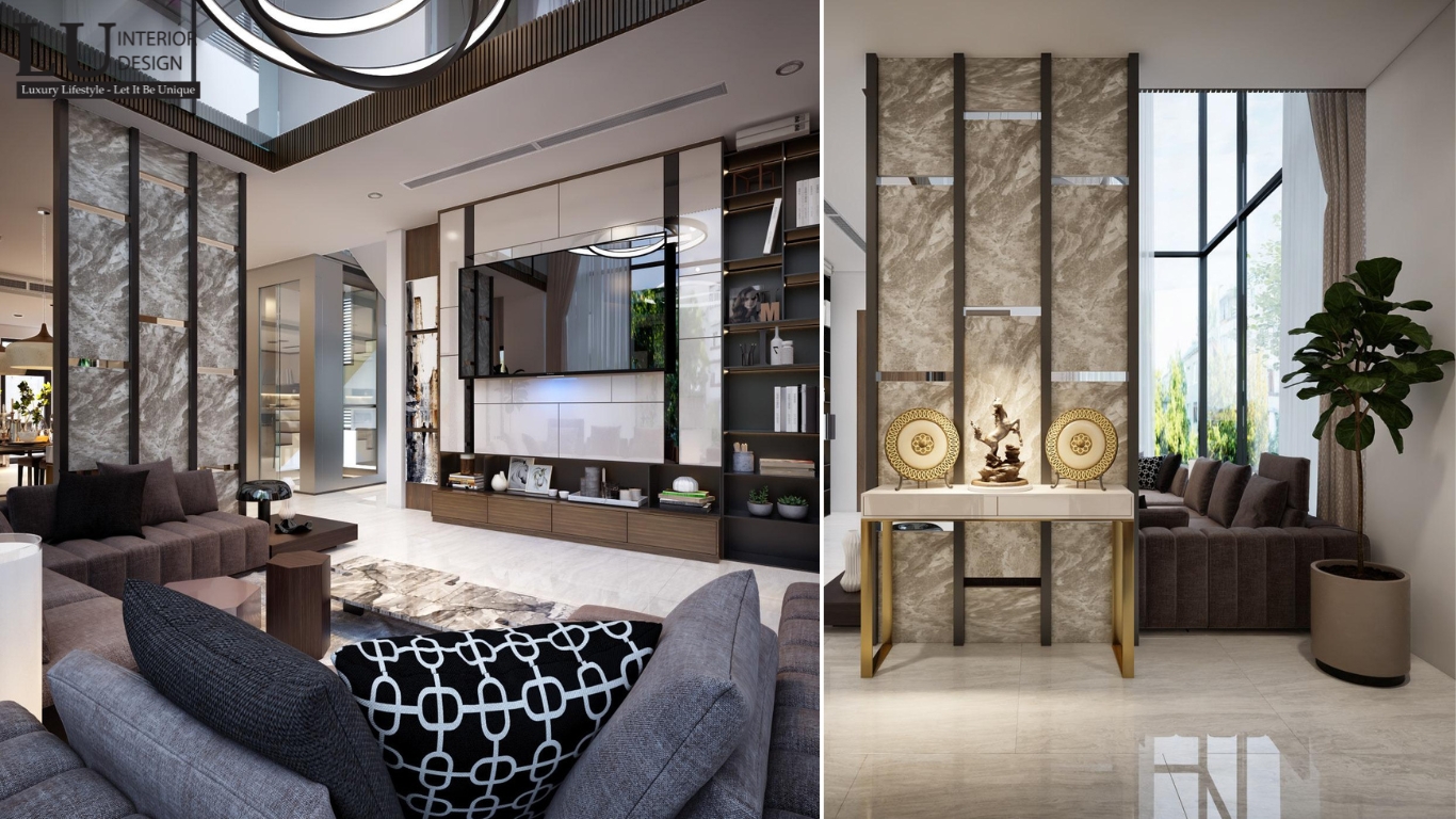 Thiết kế phòng khách phong cách Modern với các chi tiết trang trí tối giản, sử dụng vật liệu gỗ và kính, không gian mở