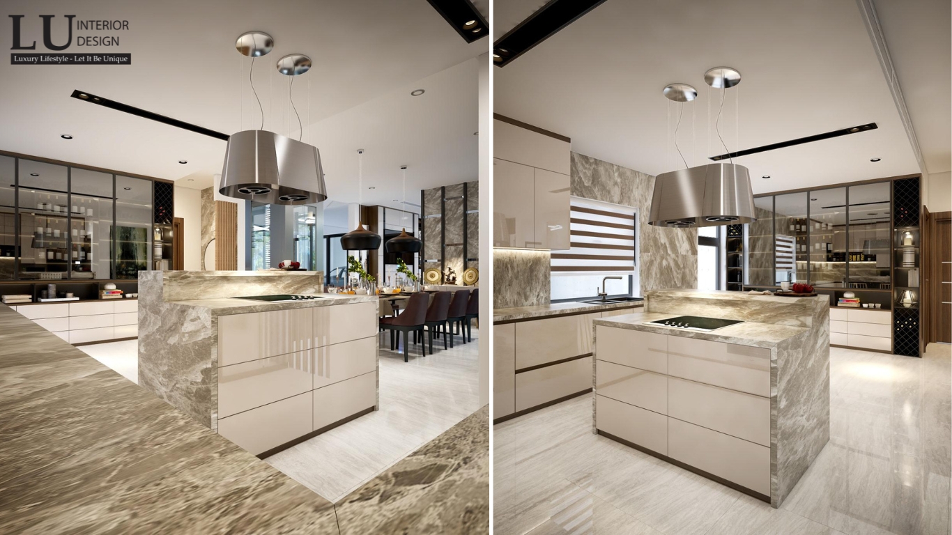 Phòng bếp phong cách Modern với vật liệu đá marble cao cấp, tủ bếp đơn giản và không gian thoáng đãng, phù hợp cho mọi gia đình.