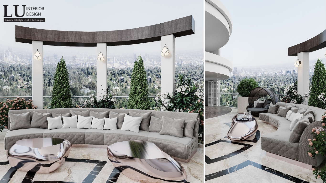 Không gian ngoài trời với ghế sofa và cây xanh trang trí phong cách Modern Classic