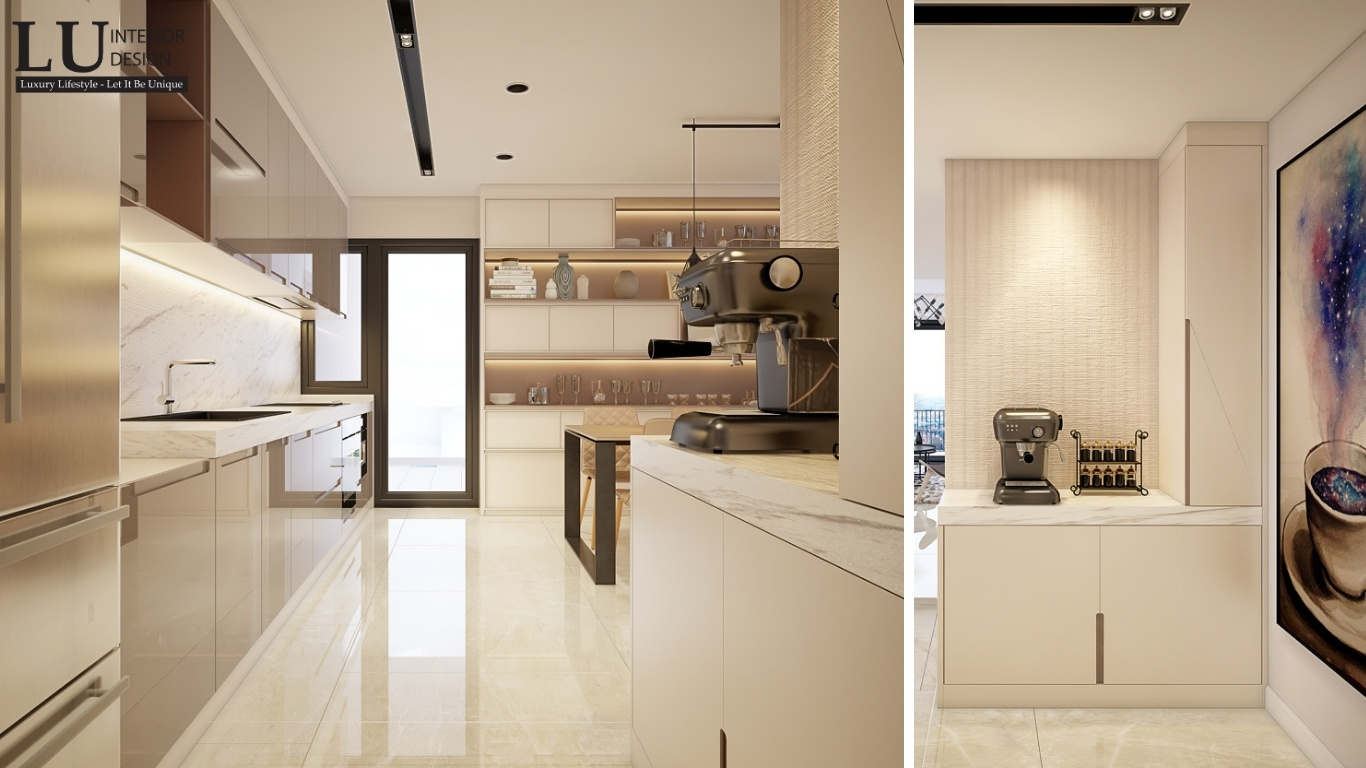 Bếp được trang bị đầy đủ các thiết bị hiện đại, đảm bảo mọi công năng sử dụng được tối ưu